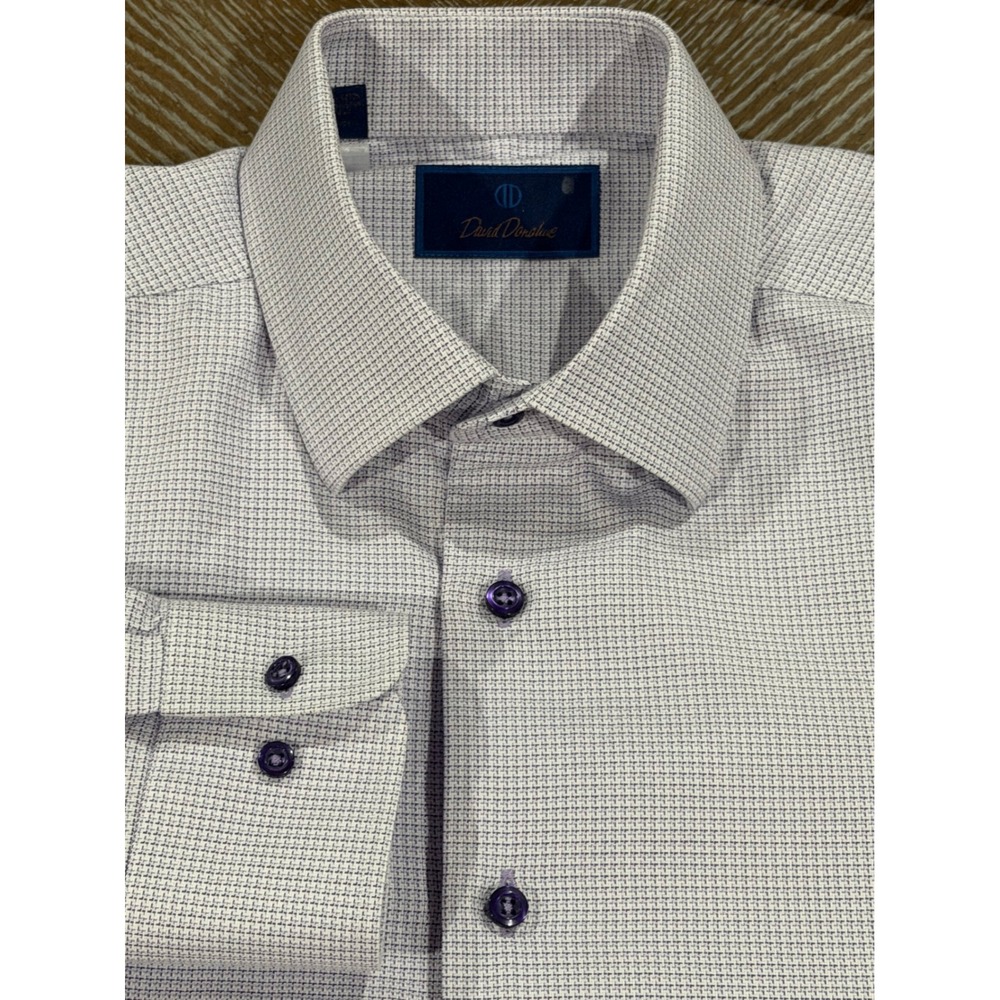 David Donahue Mens Dress Shirt 17 36/37 White Purple Micro Check Button Up
